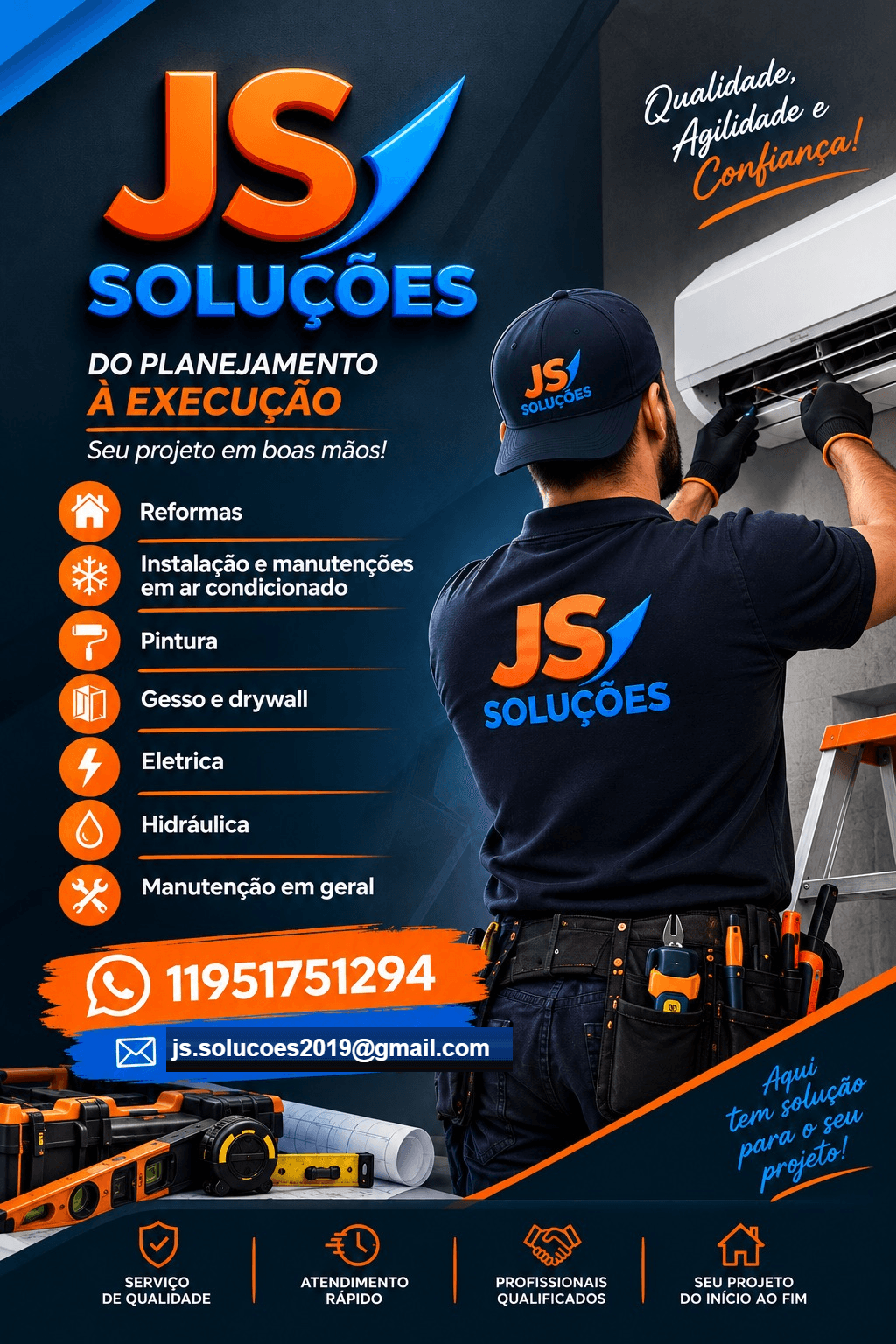 JS Soluções — Técnico instalando ar condicionado
